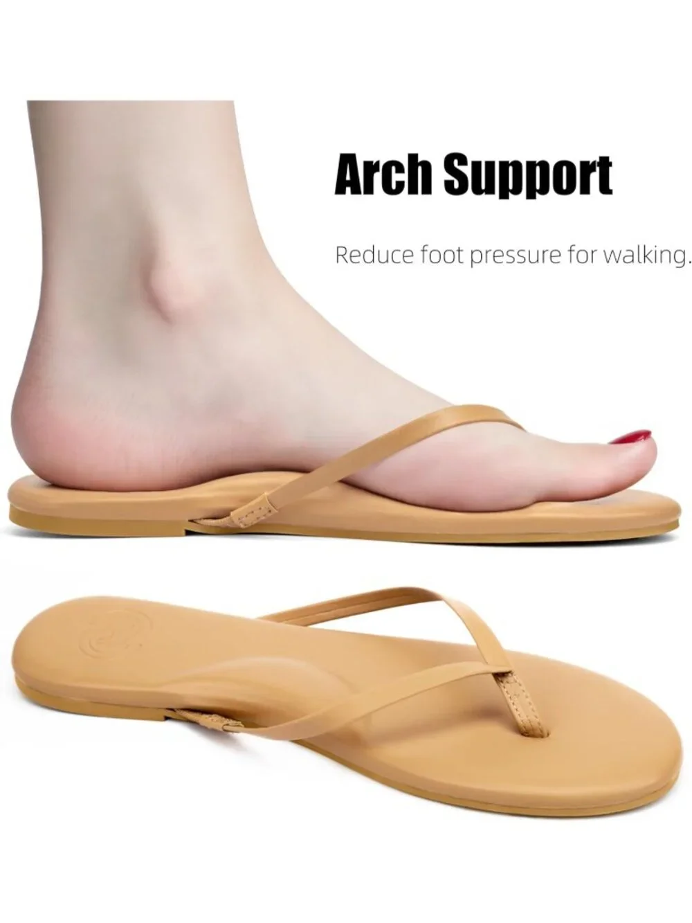 Women's Beige Summer Faux Leather Memory Foam Thong Beach Slide Flats Sandals